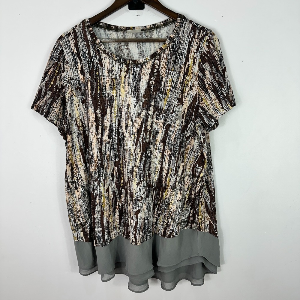 LOGO Lori Goldstein Tunic Women XL Brown Abstract Layered Hem Short Sleeve Boho